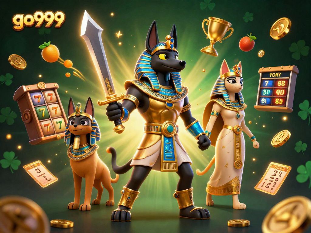Experience thrilling slots and jackpots at go999 with Anubis and Bastet in a vibrant casino scene.