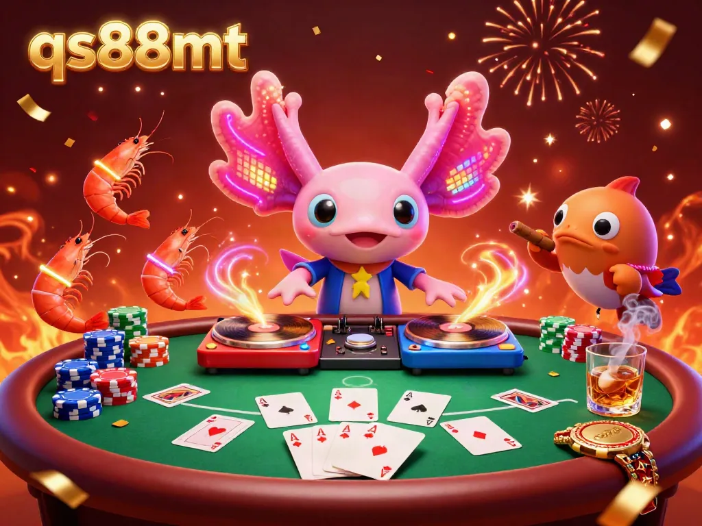 Experience the excitement of qs88mt with a vibrant 3D illustration featuring a neon axolotl DJ and colorful casino elements.