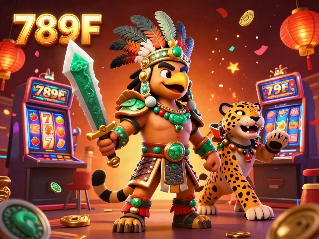 Experience the excitement of 789F's casino with a vibrant Aztec warrior scene filled with slot machines and lucky symbols.