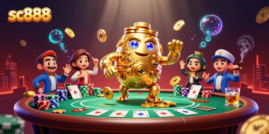 Experience thrilling gaming with sc888's vibrant 3D illustration of golden golem and poker elements.