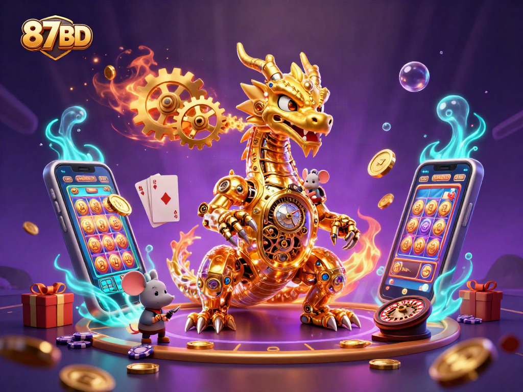 Experience the thrill of 87BD with golden gears and vibrant casino elements in a captivating scene.