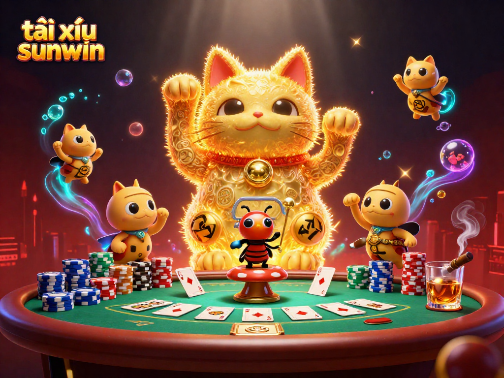 Engage with tài xỉu sunwin illustrated in an energetic 3D scene of luck and casino symbols.
