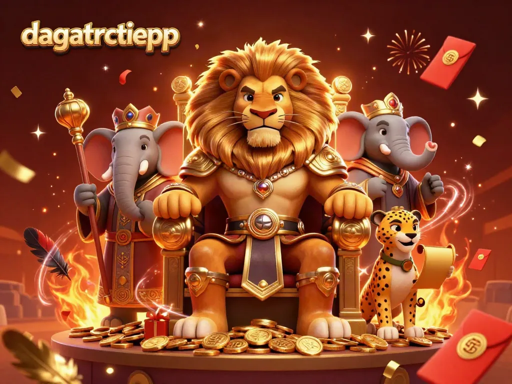 Experience intense cockfighting action at dagatructiepp with a vibrant scene of a lion king, elephant advisor, and cheetah messenger.