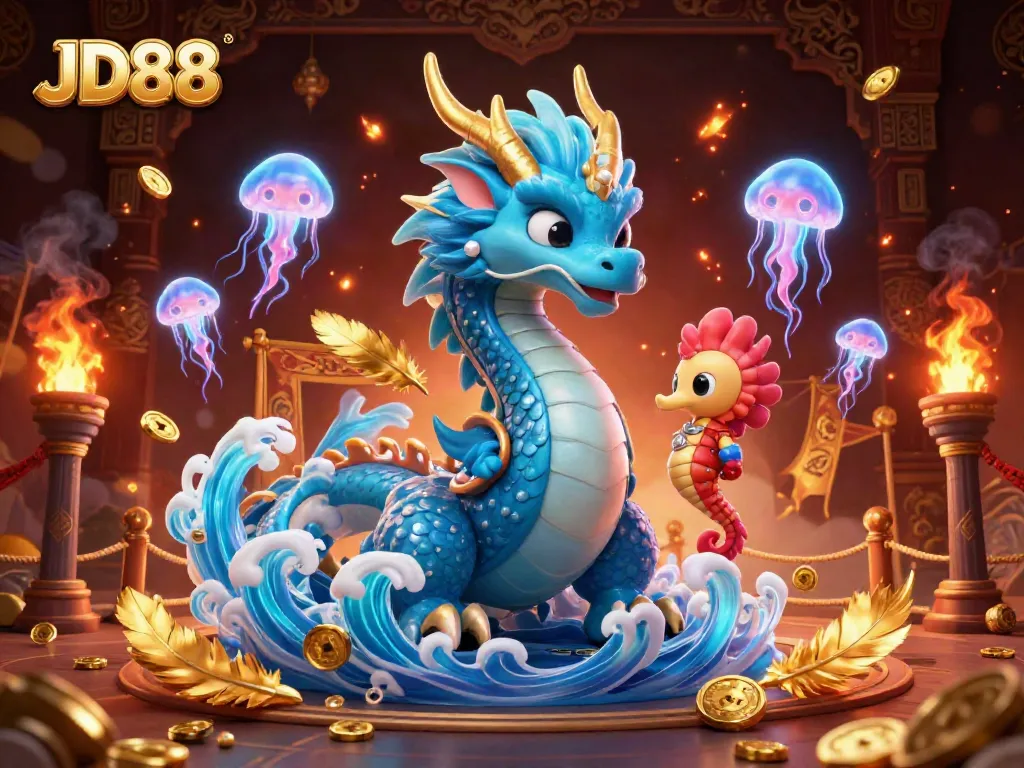 Experience thrilling moments with JD88 in a vibrant casino illustration featuring a water dragon and seahorse knight.