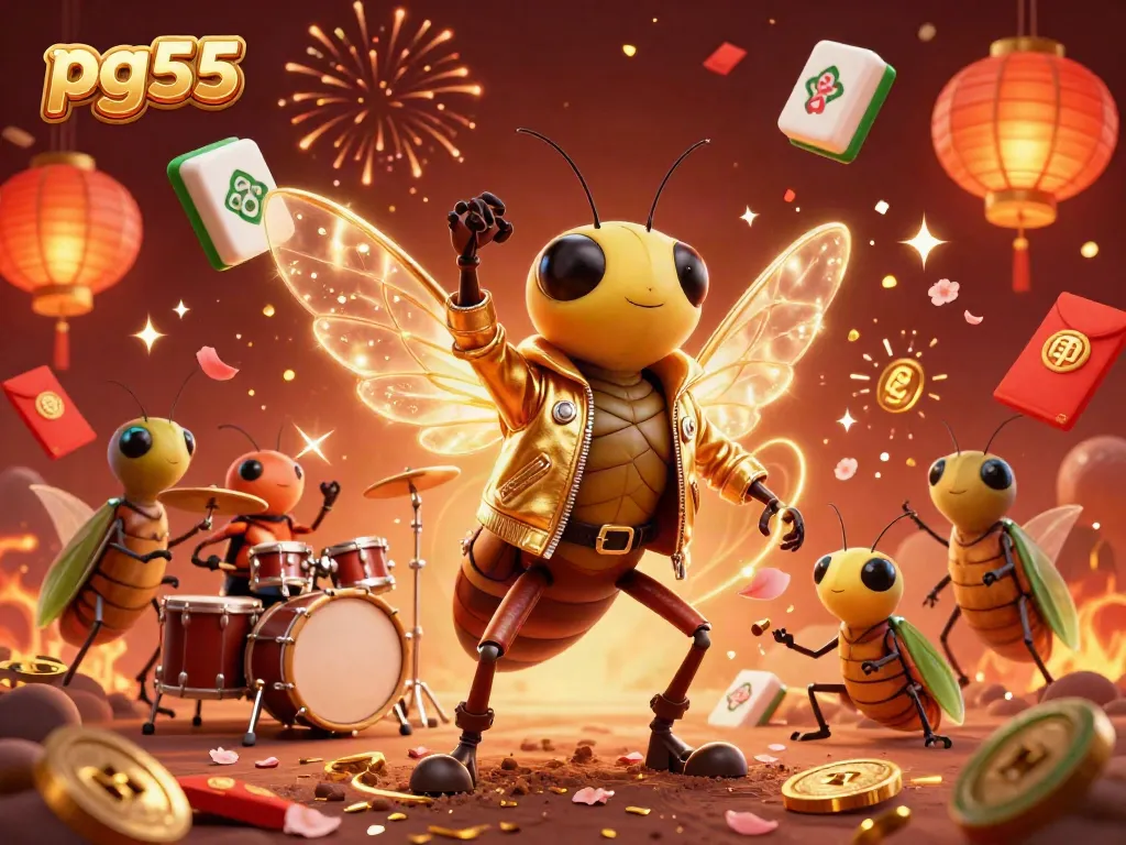 Experience pg55 like never before with a vibrant casino-themed illustration of a cicada rock star and musical insects.