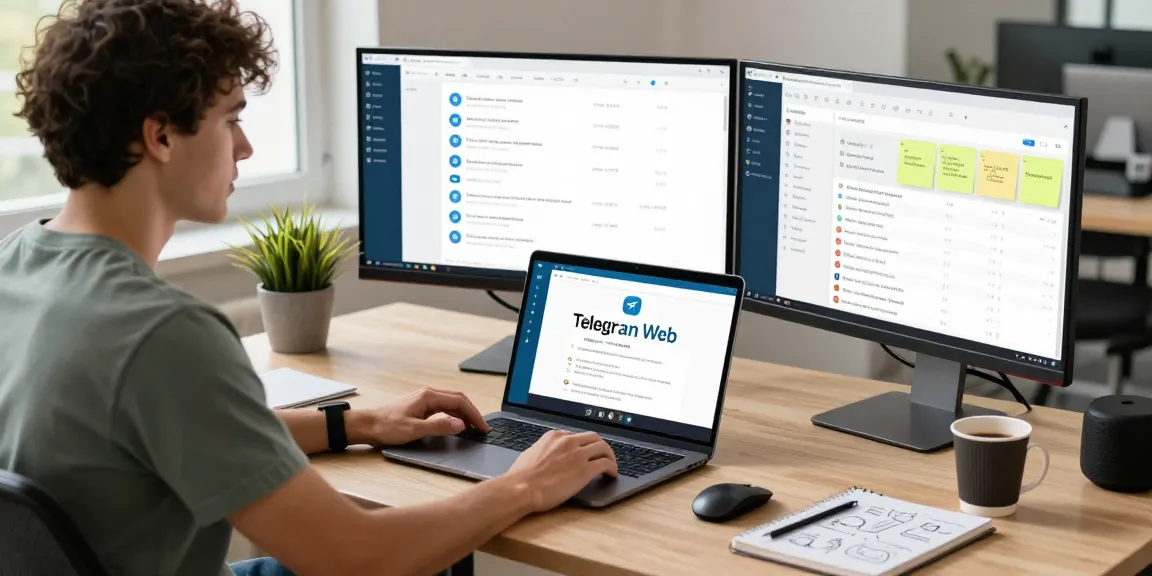 Engaged professional using Telegram Web for a video call in a vibrant workspace.
