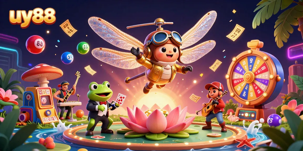 Play exciting games at uy88 as a dragonfly pilot oversees a lively lily pad casino scene.