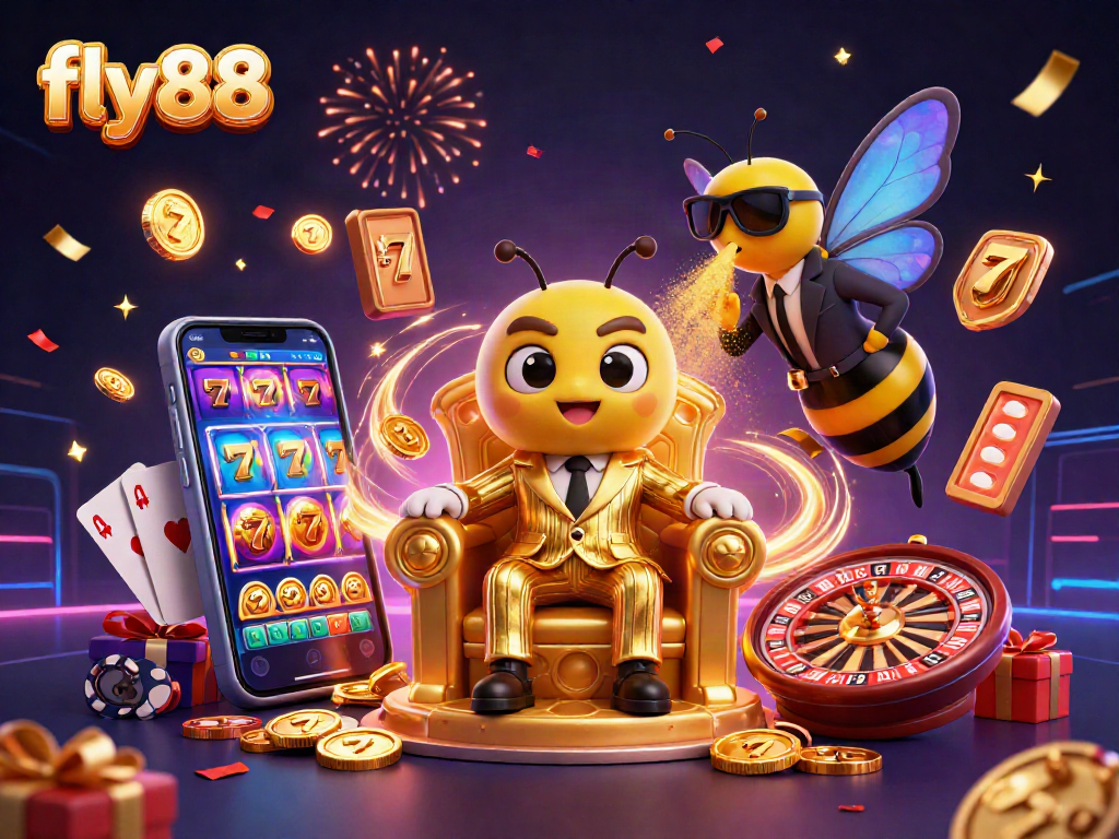Engage with fly88’s dynamic gaming scene featuring a cartoon bumblebee mob boss amidst thrilling slot reels and jackpots.
