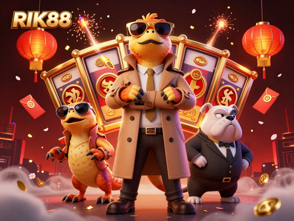 Experience RIK88's vibrant casino scene with playful raptors enjoying the VIP lounge.