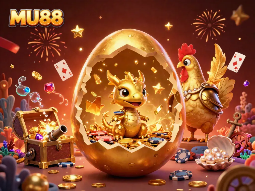 Engage with MU88’s world of excitement featuring a golden baby dragon and dynamic casino elements.