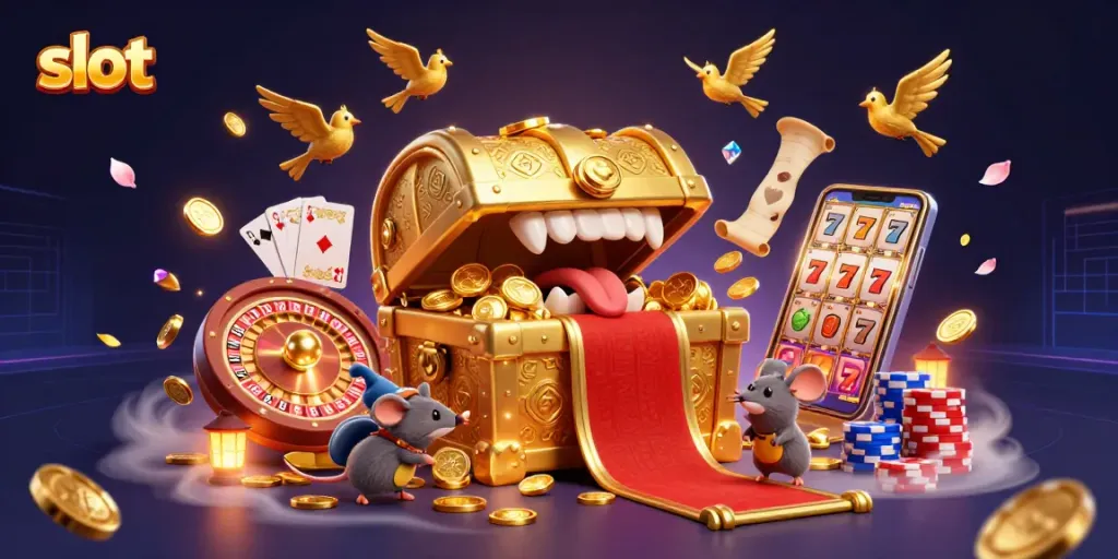 Spin to win big with vibrant slot reels featuring lucky sevens and colorful treasure in this casino illustration.