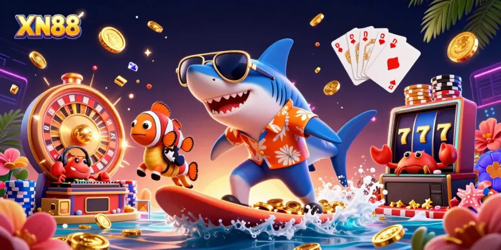 Experience the thrill of XN88 with a shark surfing on gold coins and vibrant casino elements.