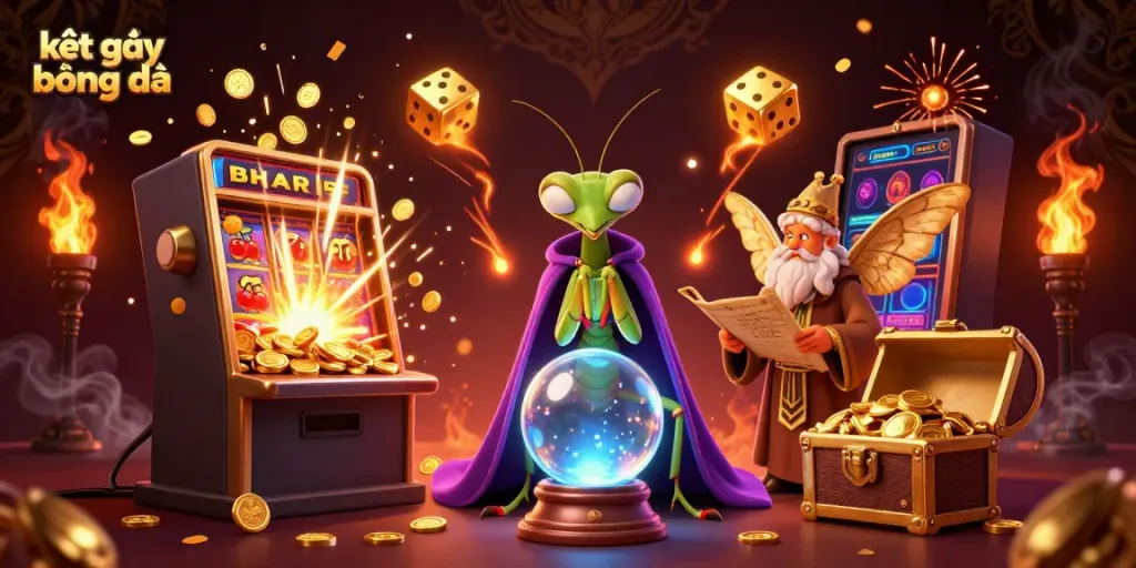 Engaging scene showcasing kết quả bóng đá with vibrant characters and casino games elements, including a slot machine.