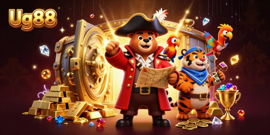 Experience thrilling adventures with Ug88, featuring a pirate bear and treasure elements in a casino theme.