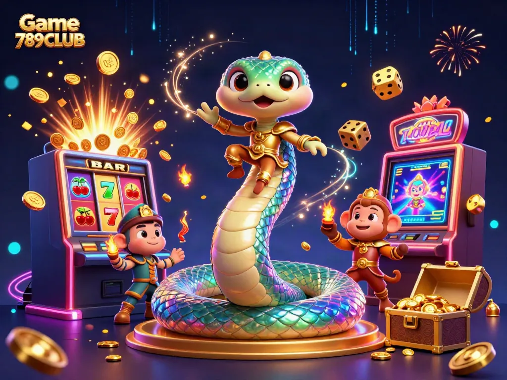 Engage with Game 789CLUB through an exciting visual of dramatic jackpots and vibrant characters in a bustling casino environment.