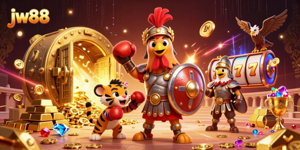 Experience thrilling jackpots at jw88 with a dynamic casino-themed 3D illustration.