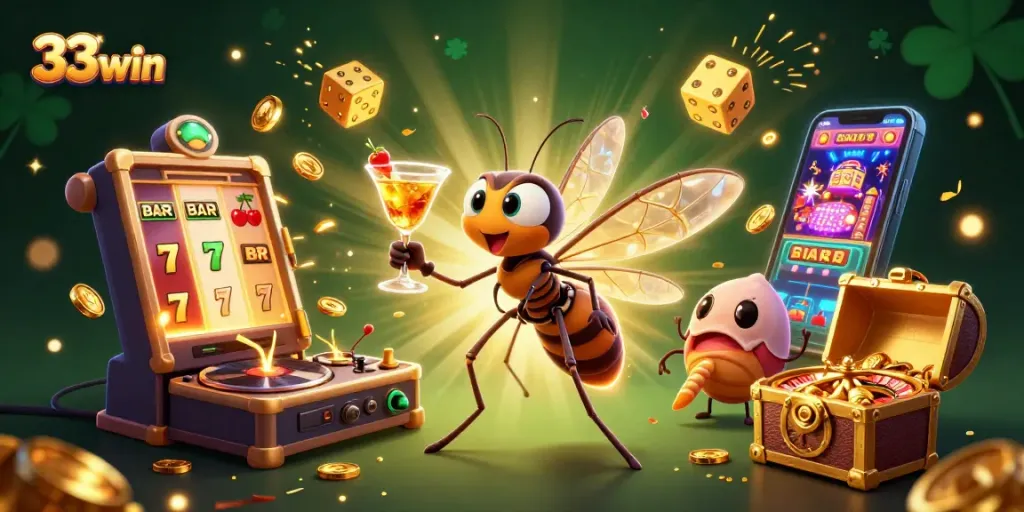 Engage with 33win's dynamic gaming world featuring nostalgic characters and vibrant casino elements.
