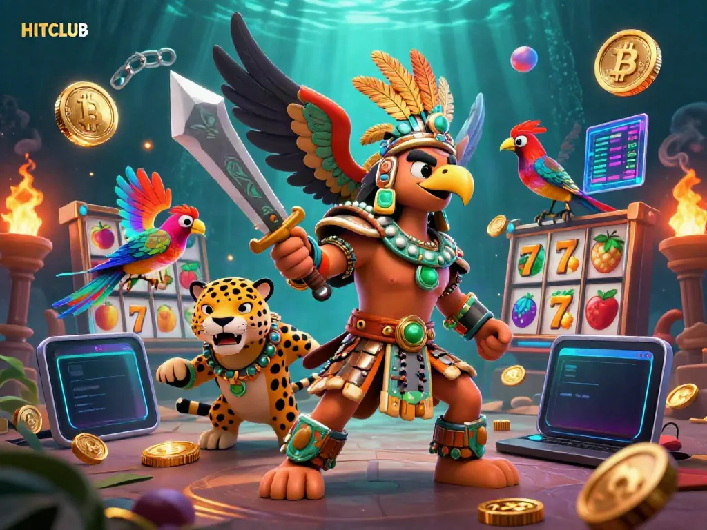 Engage with HITCLUB through dynamic 3D illustrations of gaming characters and crypto elements in a lively casino.