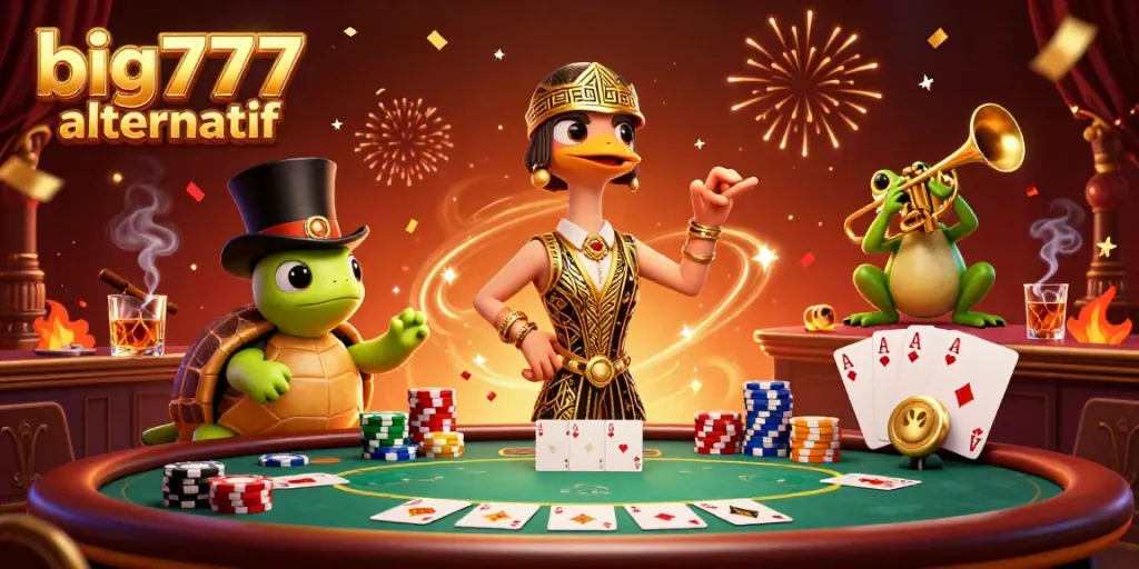 Engage with big777 alternatif at this vibrant casino scene featuring unique characters and poker elements.