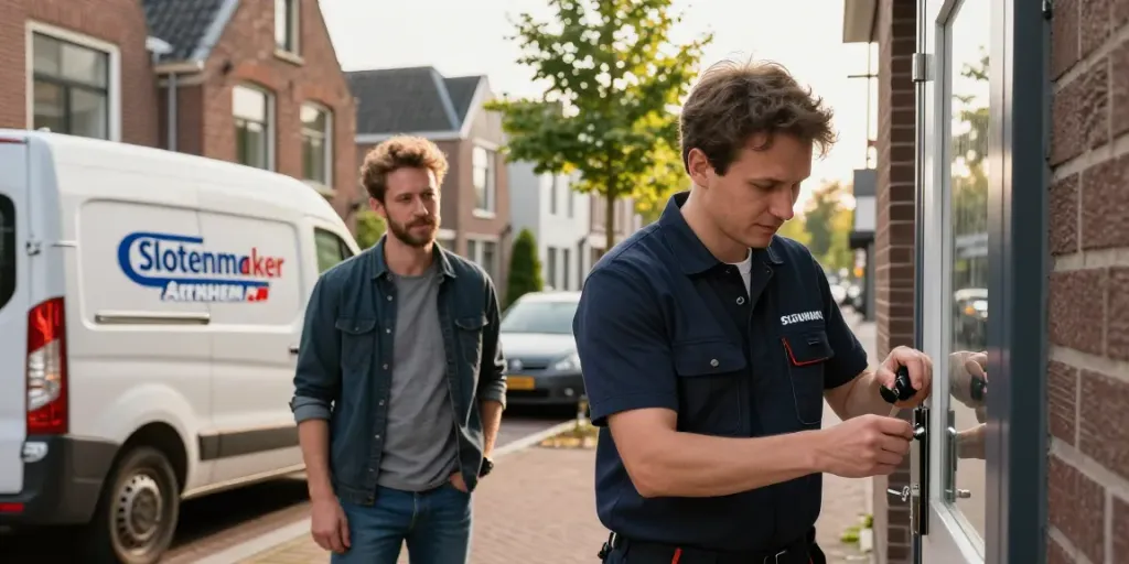 Slotenmaker Arnhem opent een deur terwijl een tevreden klant kijkt in een typische straat van Arnhem.