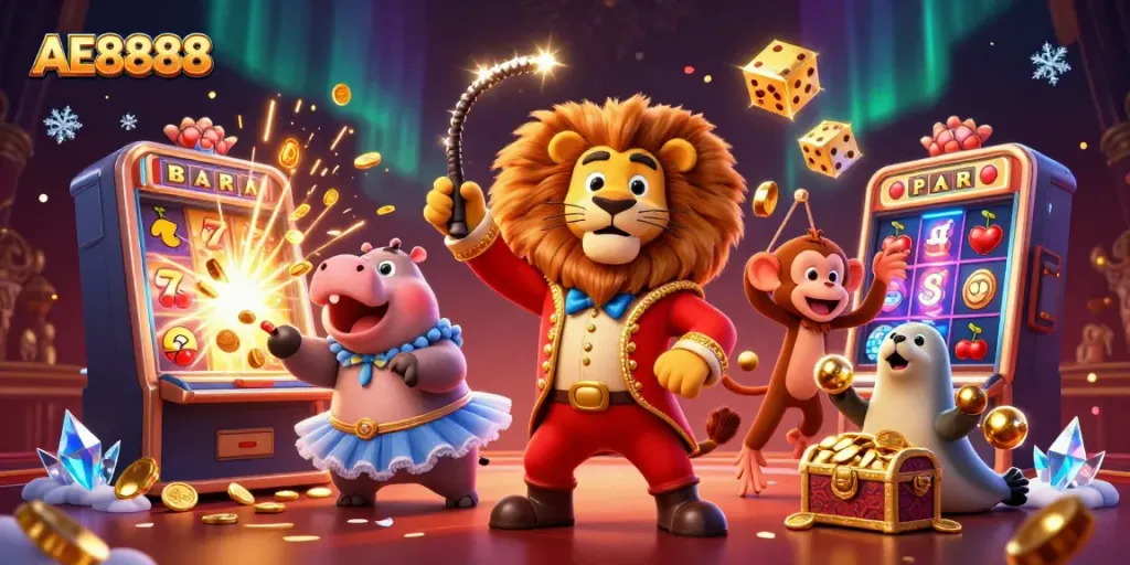 Engage with AE8888 as the circus ringmaster lion leads a vibrant casino scene with dynamic gaming elements.