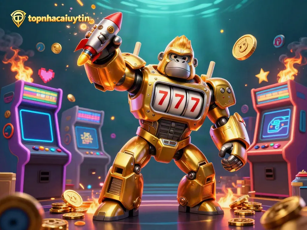 Engaging topnhacaiuytin illustration with a vibrant golden gorilla mech surrounded by casino elements, showcasing excitement.