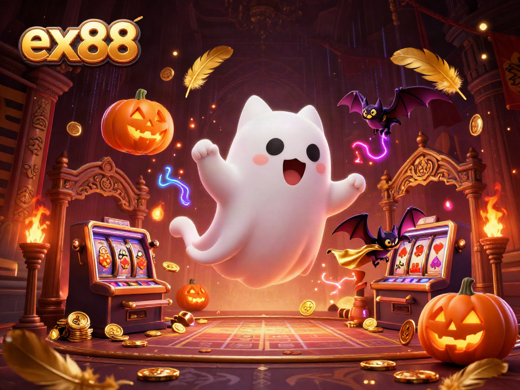 Experience the thrill of ex88 with a ghost cat and bat in a haunted casino scene full of excitement.