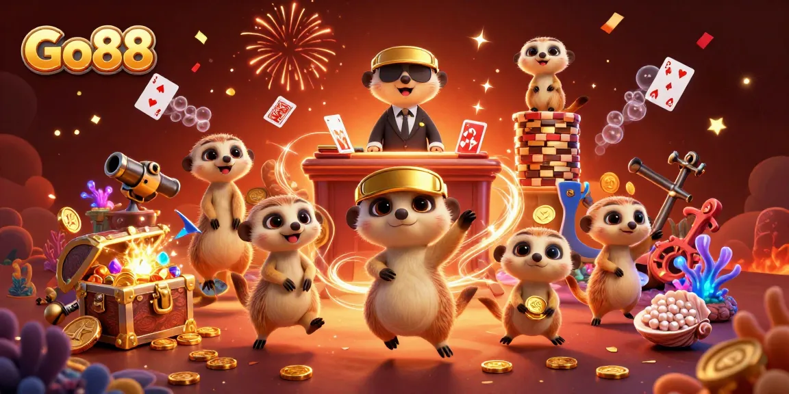 Go88 meerkats run a vibrant casino, showcasing excitement with gold coins and floating cards.