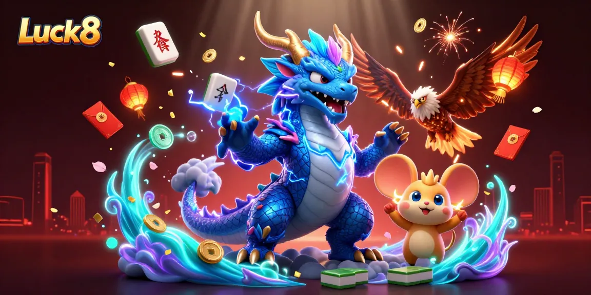Experience the thrilling world of Luck8 with a dynamic casino scene featuring vibrant characters and elements.