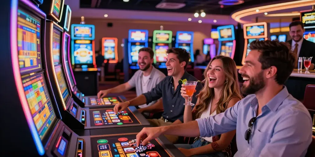 Teman-teman bermain mesin slot apk slot di kasino yang meriah dengan cahaya warna-warni.
