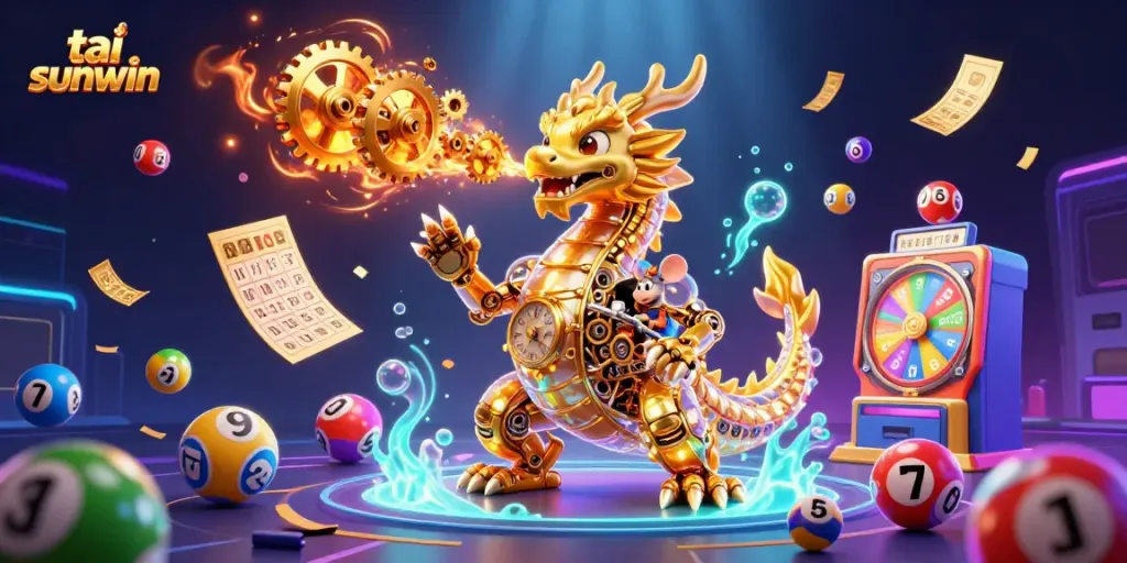 Engage with tai sunwin, showcasing a dynamic scene with a golden dragon and vibrant lottery elements.