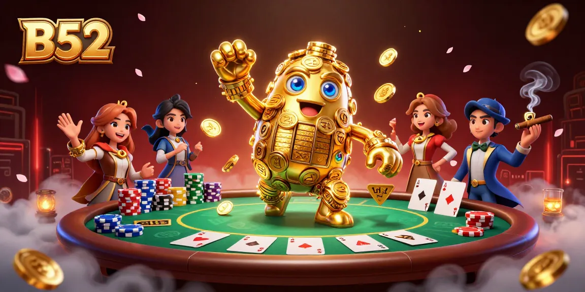 B52 offers thrilling poker gameplay with a vibrant golden golem, poker chips, and an exciting casino atmosphere.
