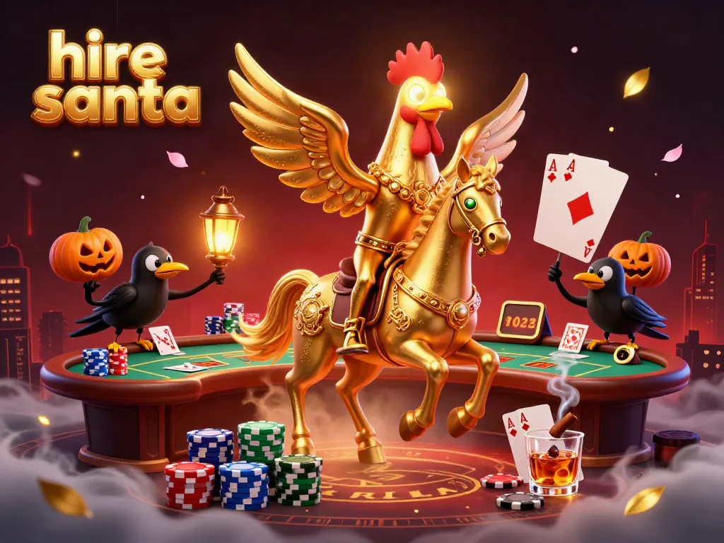 Experience a vibrant casino scene as you hire Santa, featuring a golden rooster headless horseman with poker elements.