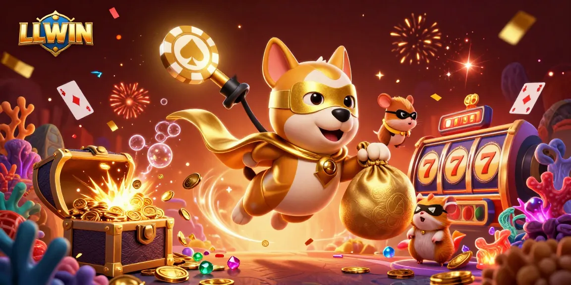 LLWIN captures thrilling casino excitement with a superhero dog amidst dynamic slot reels!