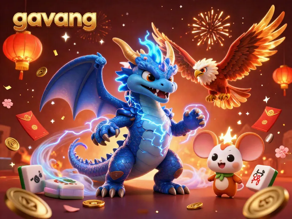 Experience thrilling online gambling at Gavang with dynamic casino-themed illustrations featuring vibrant characters and festive elements.