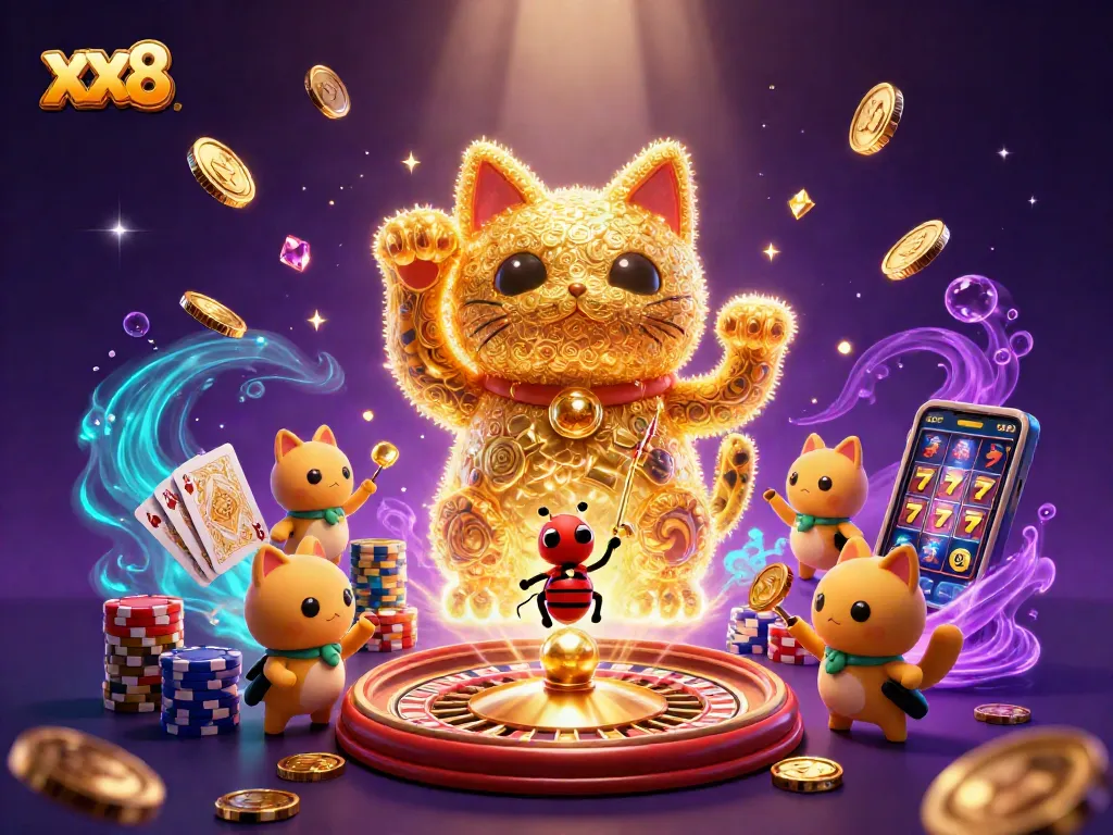 Experience the excitement of xx8 with a vibrant lucky cat and dazzling casino elements in action.