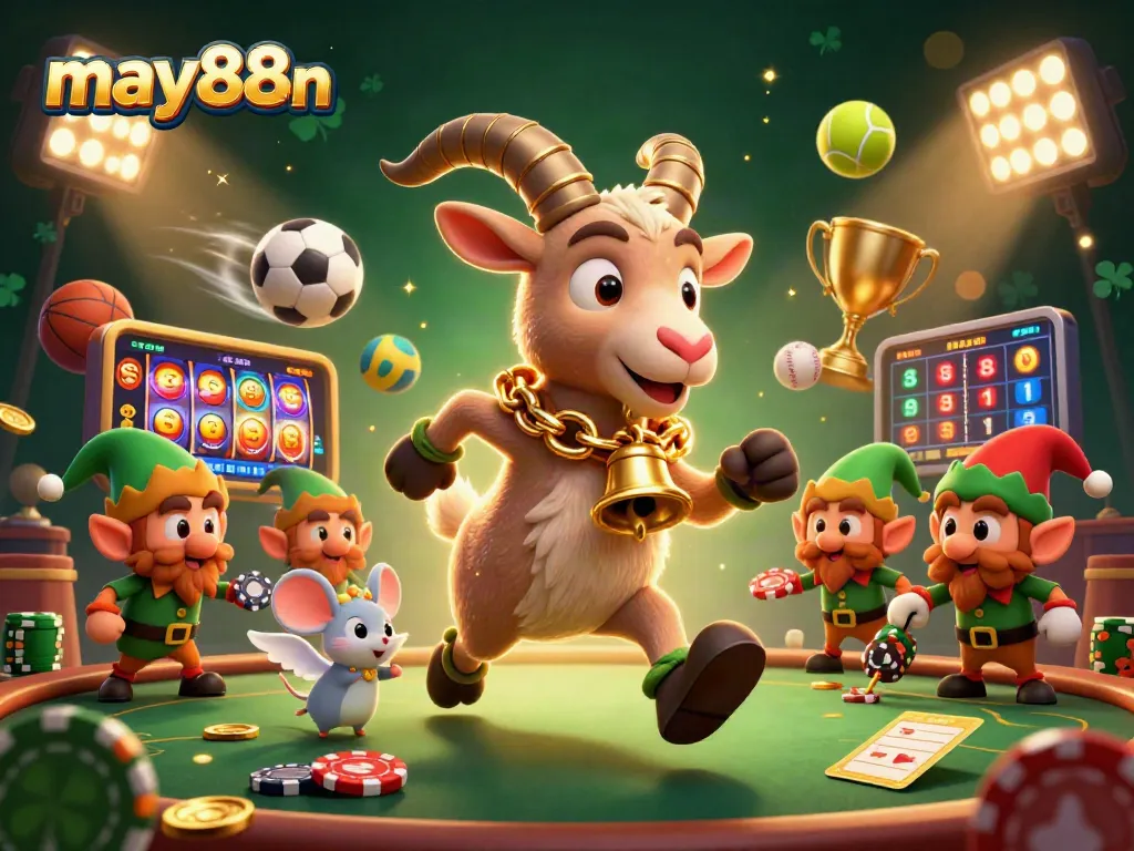 Engage in the exciting world of may88n, where a Kurampus goat oversees an energetic casino environment filled with slots and playful characters.