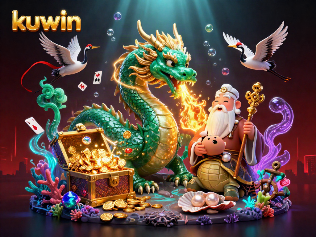 kuwin showcases an action-packed casino scene with dragons, treasures, and playing cards