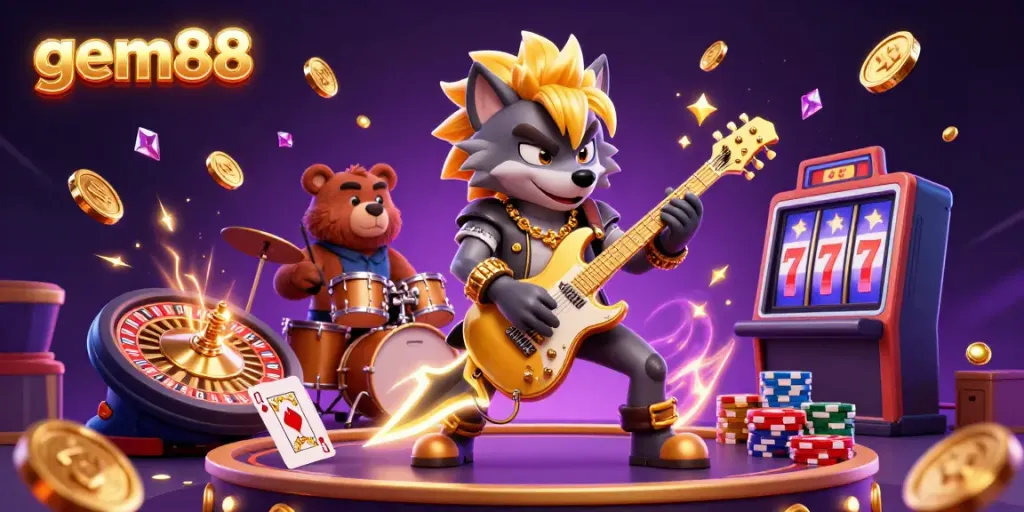 Experience the excitement of gem88's vibrant casino scene, featuring dynamic characters and iconic gaming elements.