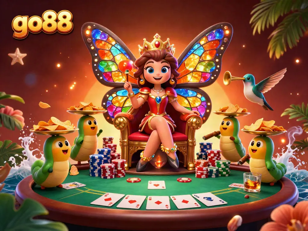 Engage with go88's vibrant gambling scene featuring a butterfly queen, poker elements, and rich 3D details.