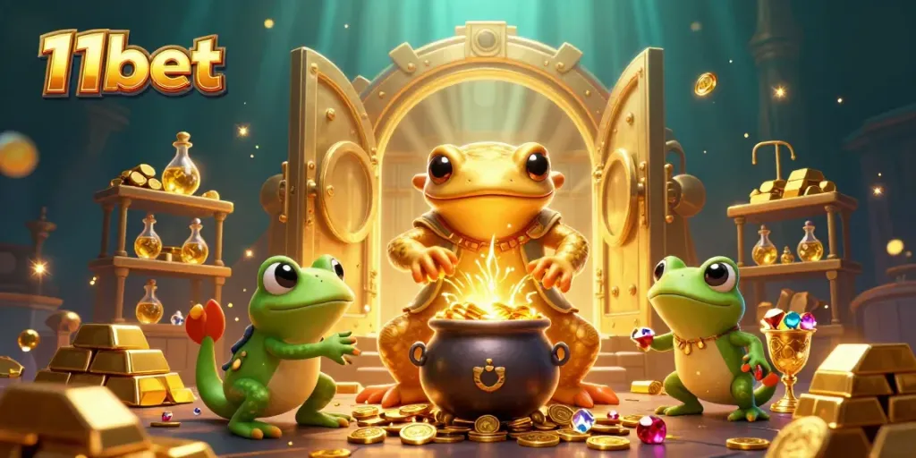 Experience the magic of 11bet with a vibrant scene featuring gold transformation and rich treasures in an enchanting laboratory.