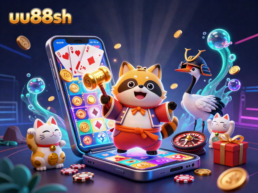 Engage with uu88sh's vibrant slots scene featuring a cheerful tanuki, golden coins, and colorful game elements.