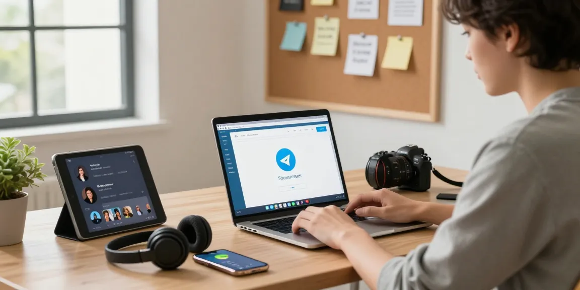 Engaging workspace featuring Telegram网页版 on a laptop screen, highlighting remote communication.