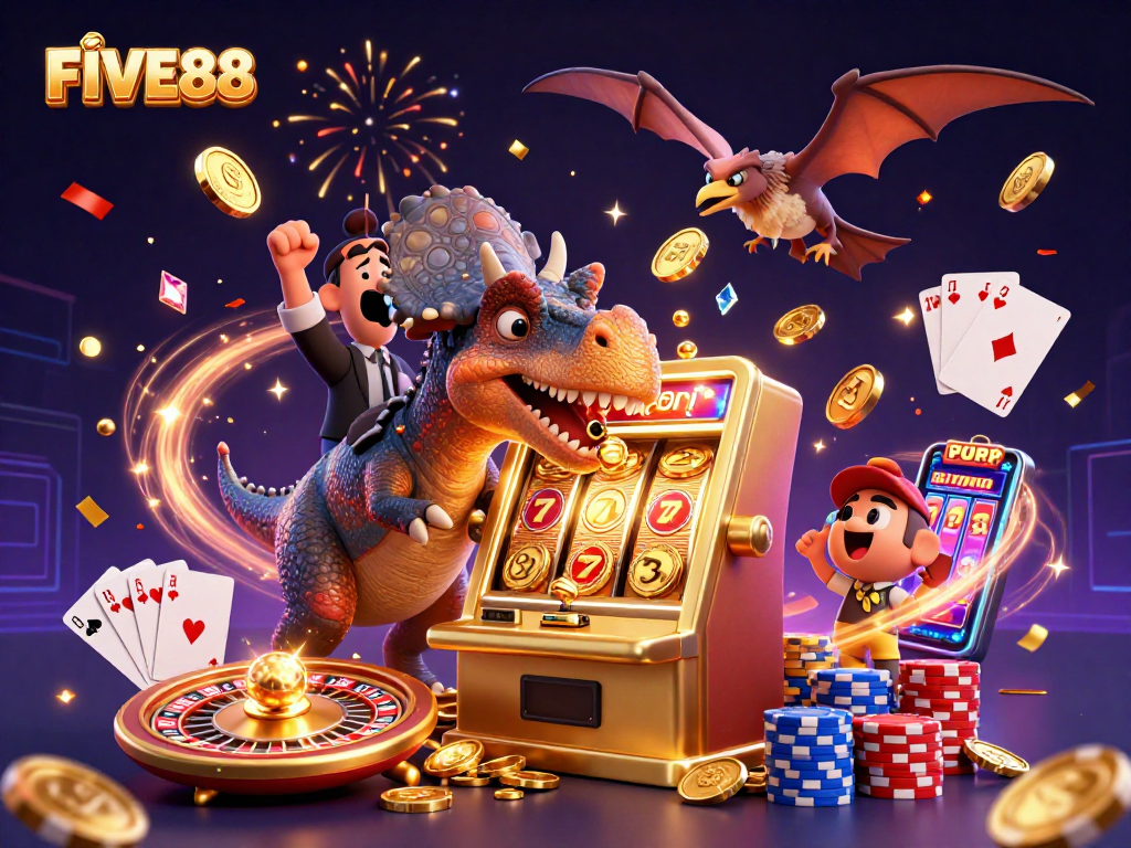 FIVE88 cartoon dinosaur jackpot scene with flying coins and slot machine excitement