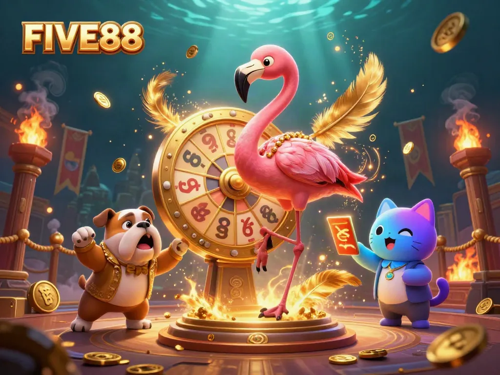 Experience exciting gaming rewards with FIVE88's dynamic casino scene featuring engaging characters and vibrant elements.