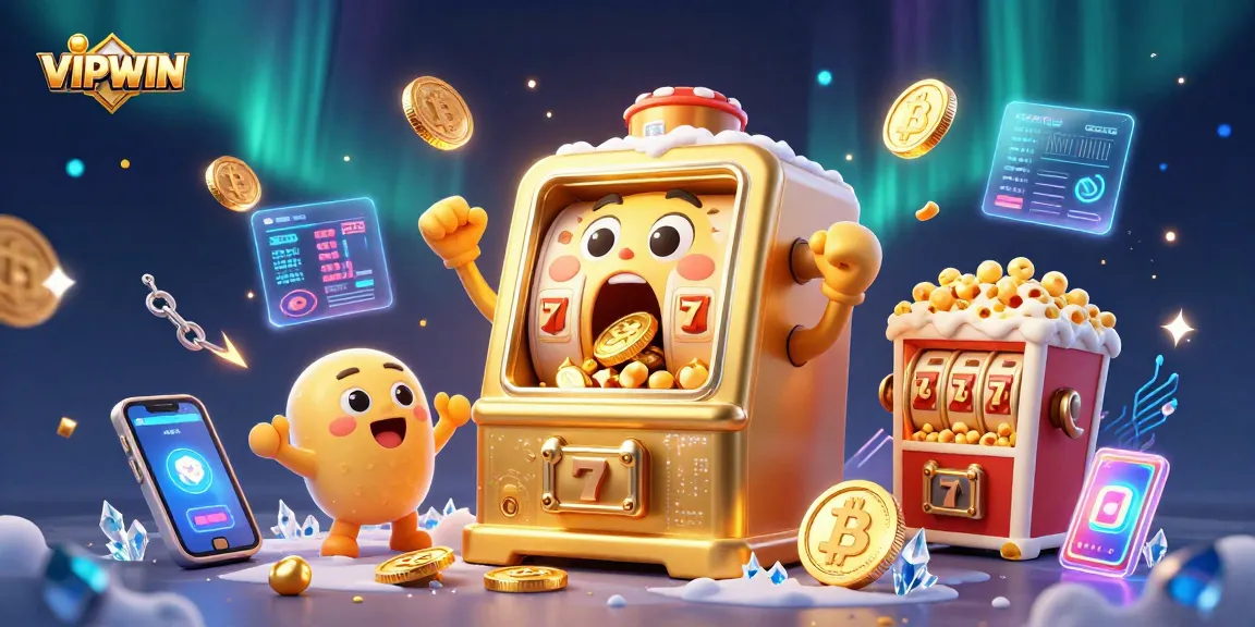 VIPWIN slot machine hits jackpot, releasing coins amidst a vibrant casino-themed scene.
