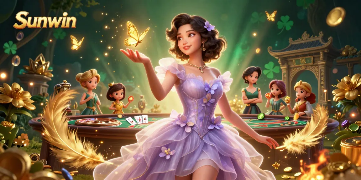 Experience the thrill of Sunwin with an ethereal casino scene featuring enchanting characters and game elements.