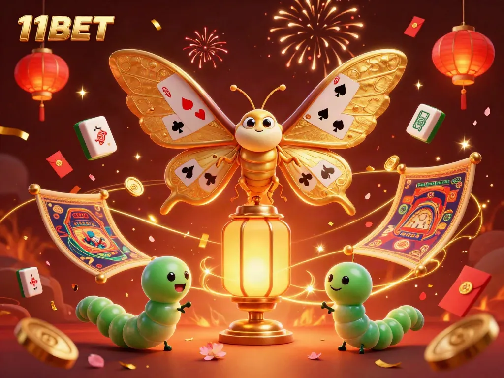 Enjoy thrilling casino action with 11BET's vibrant characters and golden elements in this dynamic illustration.