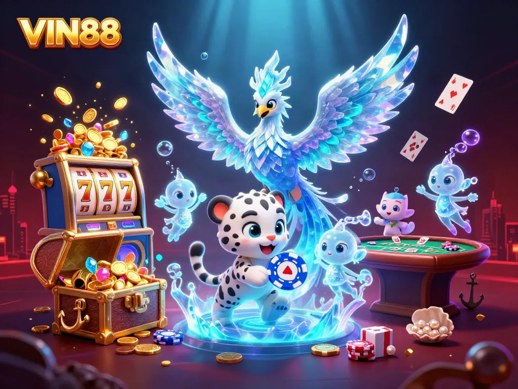 Experience thrilling gameplay at VIN88 with an ice phoenix and poker action in an enchanting casino scene.