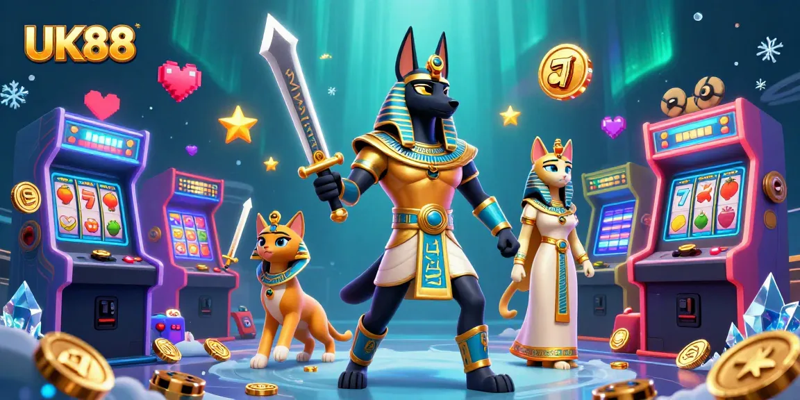 Experience thrilling gameplay with UK88, featuring Anubis and Bastet in a vibrant casino world.